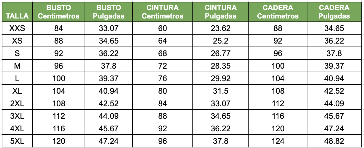 Tabla de tallas Niccola